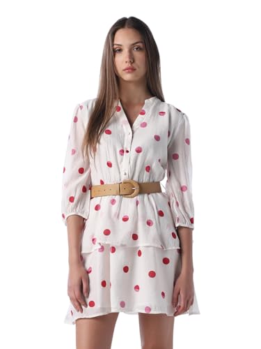 ONLY Women's Polka Dots Fit and Flare White Dress with Belt