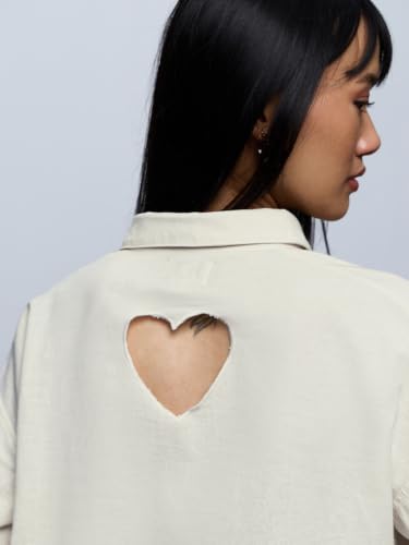 The Souled Store: Ivory Heart Women and Girls Full Length Spread Collar Solid Cotton Oversized Drop Shoulder Breathable Streetwear Lightweight Everyday Shirt