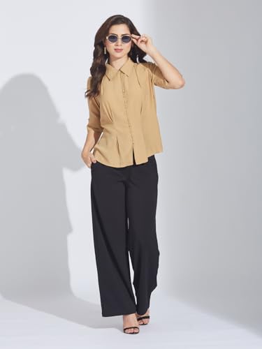 Latin Quarters Women's Beige Half Sleeves Collared Solid Casual Shirt_L