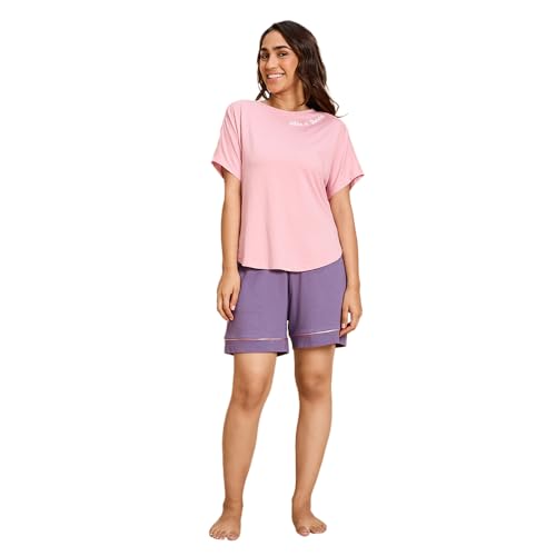 NYKD (NYS940 Soft Modal Cotton Coords Night Suit for Women | Relaxed Fit Round Neck T-Shirt with Extended Shoulder Sleeves & Shorts | Perfect for Sleep, Lounge & Everyday Wear - Pink