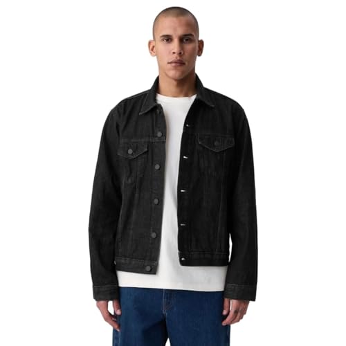 Men Lightly Washed Denim Jacket, Black, XL