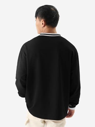 The Souled Store Solids: Black Men and Boys V-Neck Full Sleeve Oversized Fit T-Shirts Oversized Men's T-Shirts Solid Basic Tees Casual Fashion Relaxed Fit Full Sleeves Round Neck Block Styles Trendy