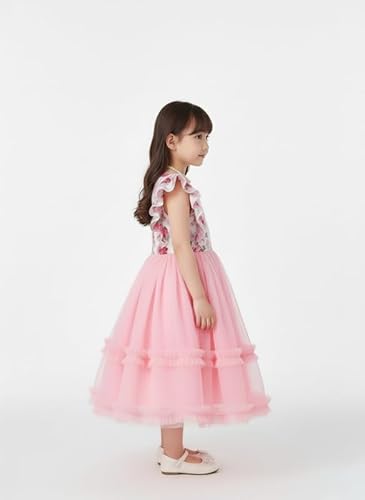 KIYOL Girls Floral Print Layered Party Dress with Ruffle Sleeves and Round Neckline | Elegant Net Fabric Flared Gown for Festive and Special Occasions (Ocean-Pink-2-3 Y)