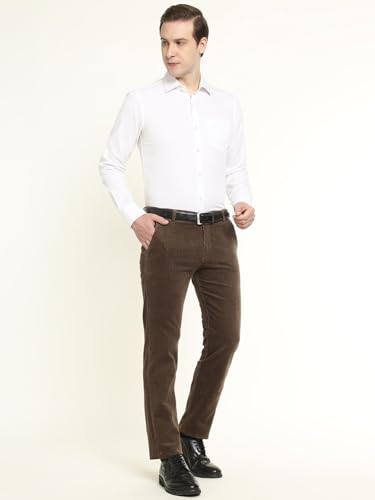 Hancock Men Cotton Solid Slim Fit Trousers Brown Size 30, Ideal for Work and semi Formal Occasions, Comfortable Stretch Waistband, Classic Silhouette with Modern Comfort