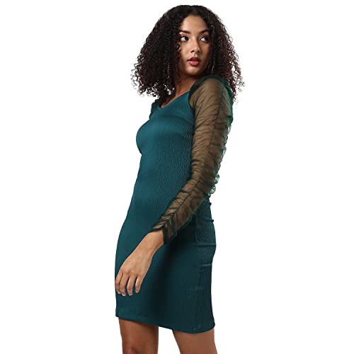 Campus Sutra Women's Solid Green Long Sleeve Mini Length Regular Fit Dress for Casual Wear | Sweetheart Neck Dress Crafted with Comfort Fit and High Performance for Everyday Wear