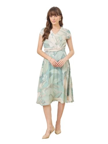 Latin Quarters Women's Green Cap Sleeves V-Neck Casual Printed Dress_S