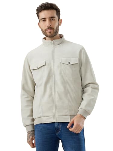 Status Quo Men's Solid Suede Finish Stand Collar Regular Fit Jacket | 100% Polyester | BEIGE | L Size