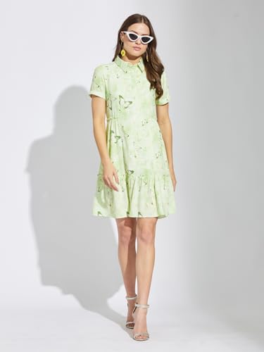 Latin Quarters Women Green Collar Neck Half Sleeves Printed Above Knee Shirt Dress for Casual Wear_L
