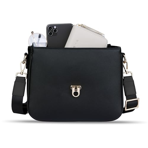 bugatti Ella Classic Women's Faux Leather Shoulder Bag Handbag, Black Saffiano, Kompakt, Contemporary