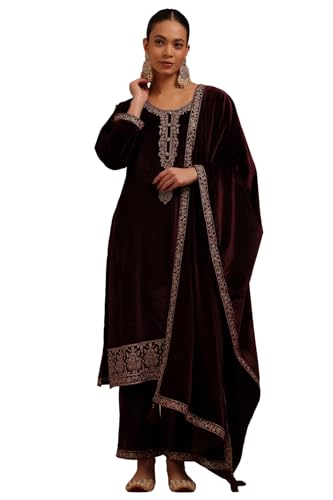 Soch Womens Wine Velvet Embroidered Suit Set With Sequins