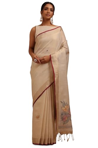 Soch Womens Beige Linen Embroidered Saree With Thread Work