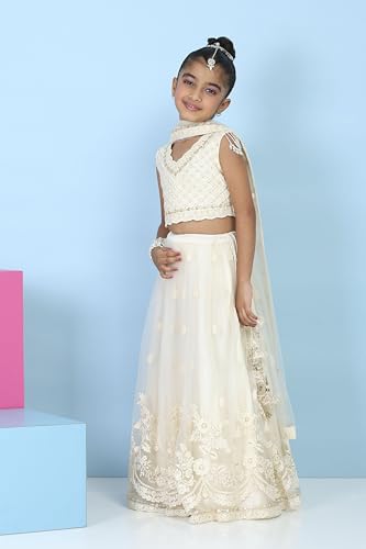 Biba Girls Neutral Butterfly Net Embroidered Regular Lehenga Set_14-15Y