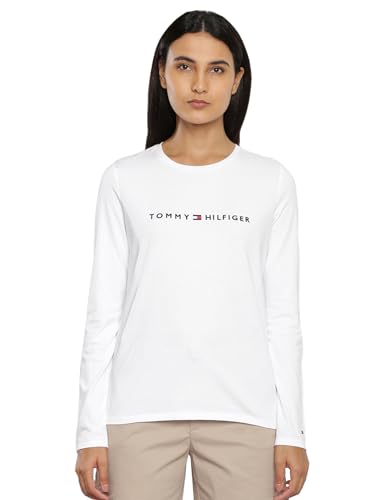 Tommy Hilfiger White Cotton Embroidery Round Neck Full Sleeves Regular Fit Women T-Shirt (F23HWKT126) Size-XL