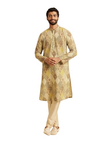 Manyavar Men's Cotton Blend Diamond Patchwork & Chikankari Kurta Pajama Set (Light Mid Green,S)