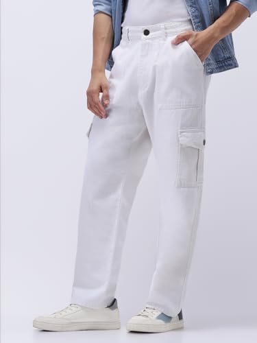 Urbano Fashion Men's White Loose Mid Rise Baggy Fit Cargo Jeans with 6 Pockets Non-Stretchable (jeanlscargo-white-30)