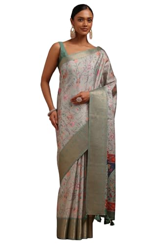 Soch Womens Light Teal Tussar Botanical Print Saree
