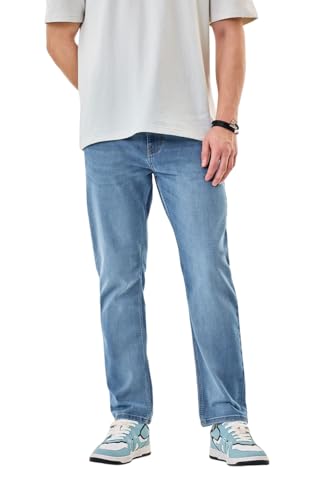 SNITCH Men Jeans | Relaxed Fit Mid Rise Straight Leg | Cotton Blend with Medium Stretch & Stone-Wash Design for Casual Wear & Everyday Comfort | Light Blue