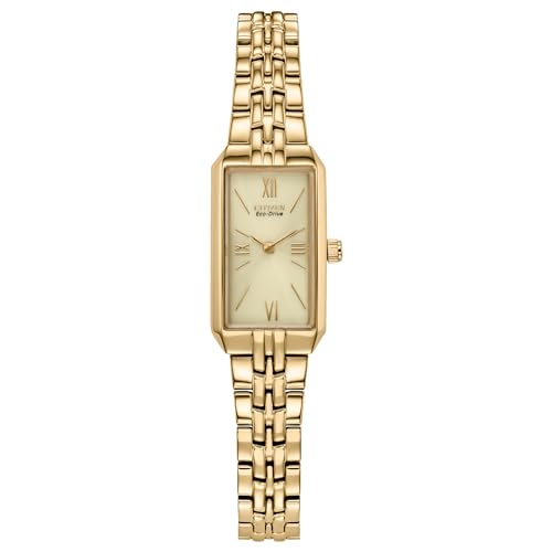 Citizen Ladies' Eco-Drive Classic Dress Corso Stainless Steel Rectangle Watch, 2-Hand, Jewelry Clasp, Gold Tone/ Champagne Dial, Classic