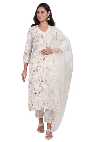 W for Woman White Floral Printed Embroidered Pure Cotton Straight Kurta, Pants and Dupatta Set - (WS12421-401366-XS)