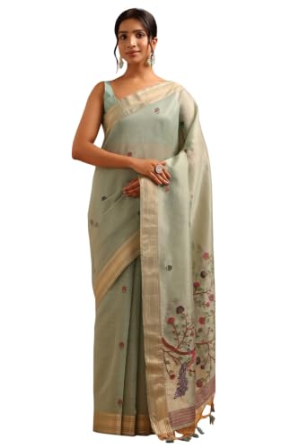 Soch Womens Powder Blue Tissue Botanical Woven Bird Motifs Saree