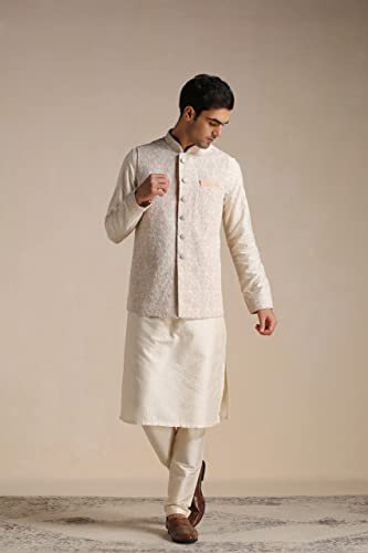 Manyavar Men's Jacket Kurta Set, Kurta Jacket Set for Men, Full Sleeves Mandarin Collar Ethnic Wear Jacket Set for Festival, Wedding, Party Blended Viscose (Off White, S)