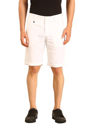 Linen Club Men's Linen White Solid Contemporary Fit Casual Shorts (Size:30)