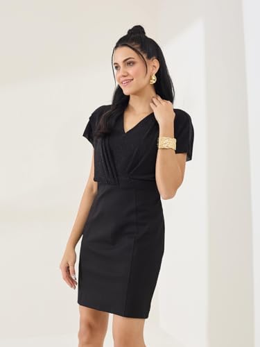 Latin Quarters Women's Black Shimmer Cap Sleeve V-Neck Party Bodycon Dress_M