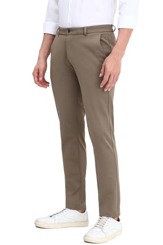 Men Khaki Crop Fit Textured Casual Trousers