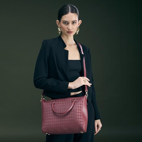 Caprese Maddy Medium Textured Tote Bag for Women with Multi-Compartment | Elegant Shoulder Handbag with Adjustable & Detachable Strap | Fits Up to 16 Inch Laptop | Perfect for Office & Travel (Cherry)