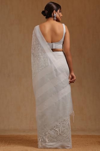 Soch Womens Grey Chanderi Floral Print Saree With Thread Work