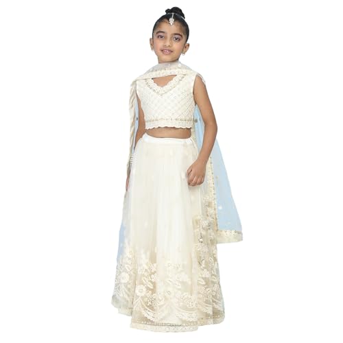 Biba Girls Neutral Butterfly Net Embroidered Regular Lehenga Set_14-15Y