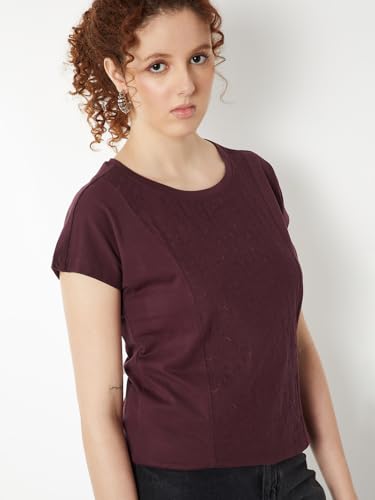 Max Women Embroidered Panel T-Shirt (Burgundy_L)