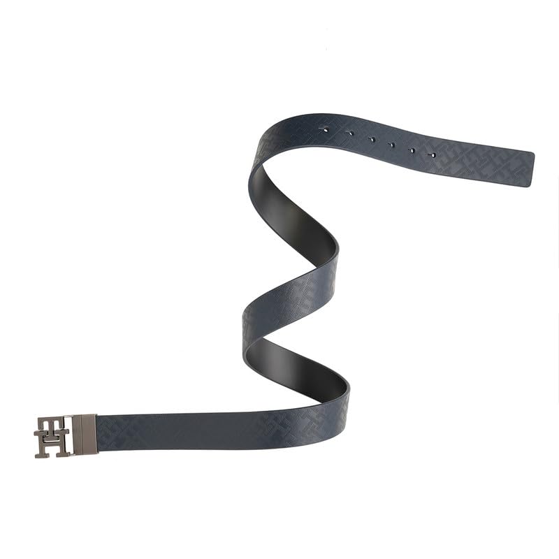 Tommy Hilfiger Men's Farley Reversible Leather Belt - Navy + Black - Brushed Gunmetal Monogram Buckle | S 80cm | Ideal for Gifting