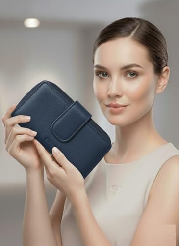 Calfnero Women's Genuine Leather Clutch Wallet-Leather Wallet with Zip Pocket and Note Compartment-Navy Leather Wallet for Women