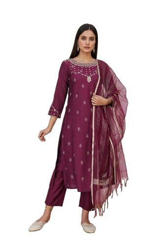 W for Woman Purple Embroidered Zari Sequined Straight Silk Blend Kurta with Straight Pant and Dupatta Set (WS13398-126131-S)