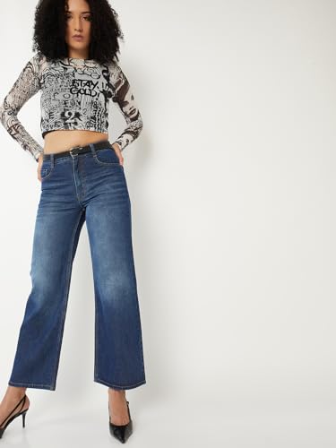 Max Women Washed Wide Leg Jeans (Blue_36)