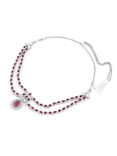 Ami Purple Stones Dazzling Austrian Diamonds Necklace Earring and Maangtikka Set For Women-ZPFK19470