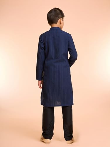 Manyavar Boys Spandex Textured Kurta Pyjama Set (Dark Blue,3-4Y)