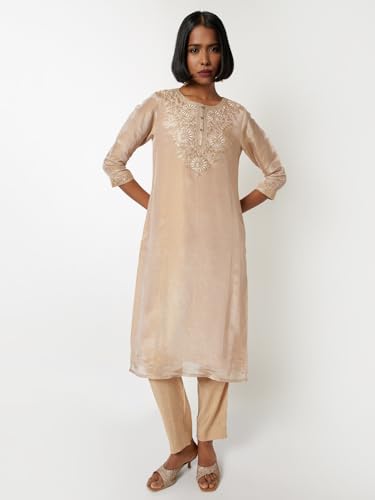 Max Women Floral Embroidered Straight Kurta Set (Beige_XXL)