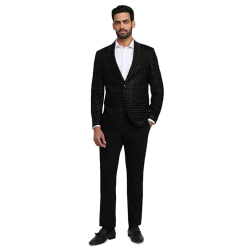 Park Avenue Men Modern Slim Fit Solid Pattern Pure Polyester Shawl Collar Full Sleeve Ceremonial Suit Black