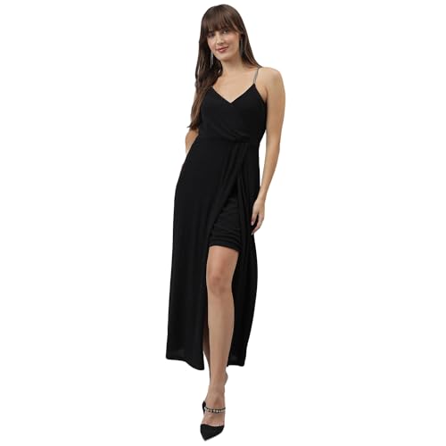 Latin Quarters Women Black V-Neck Strap A-Line Solid Dress_XL