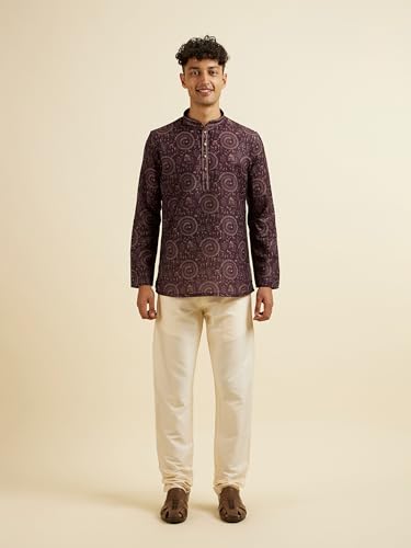 Manyavar Men's Viscose Blend Printed Short Kurta (Wine,L)
