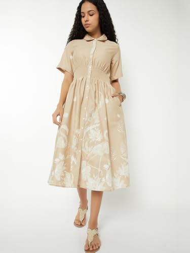 Max Women Printed A-line Shirt Dress (Beige_M)