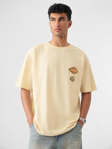 The Souled Store Tom & Jerry: Trekking Club Men and Boys Short Sleeves Round Neck Beige Graphic Printed Cotton Oversized T-Shirts