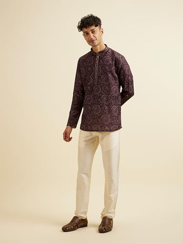 Manyavar Men's Viscose Blend Printed Short Kurta (Wine,L)