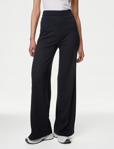 Solid Navy Blue Viscose Womens Wide Leg Jersey Stretch Trousers