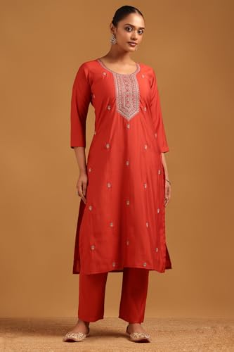 Soch Womens Rust Roman Silk Floral Salwar Suit With Stone Work