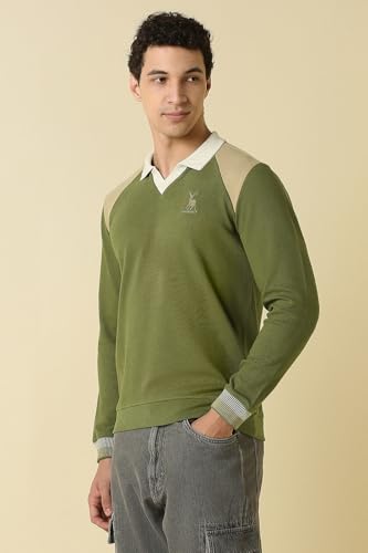 Men Olive Polo Neck Full Sleeves Casual Sweatshirt