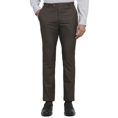 Raymond Men Slim Fit Checks Pattern Polyester Blend Flat Front Formal Trouser Dark Brown