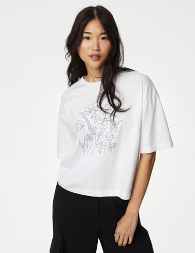 Marks & Spencer Pure Cotton Embroidered T-Shirt White Mix
